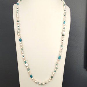Faux pearl and mixed blue bead necklace